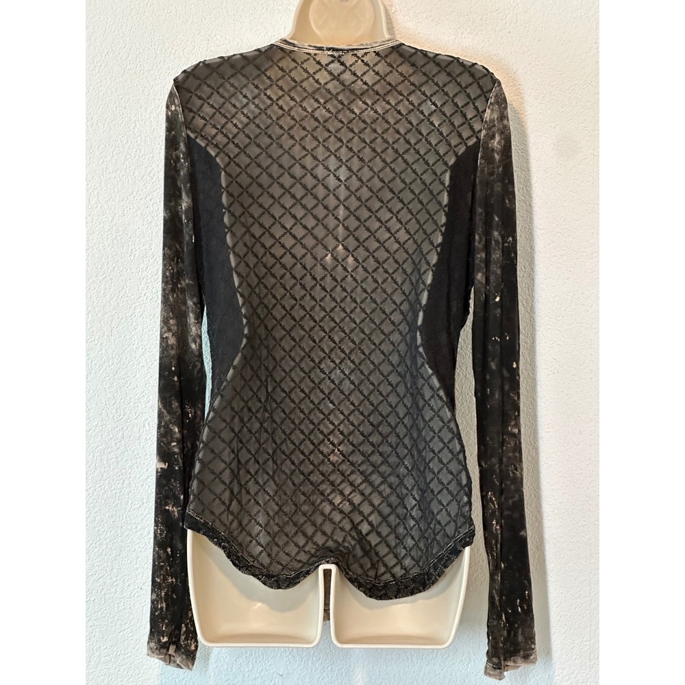 Affliction Womens Long Sleeve Lace Up Mesh Back Acid Wash Rose Rhinestone Top L